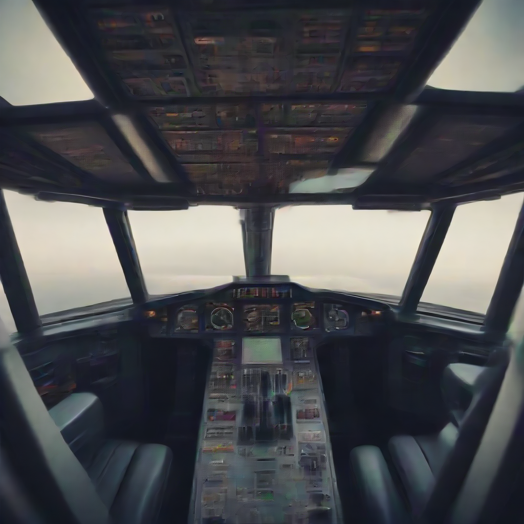 an airplane's cockpit. The plane's windshield displays code