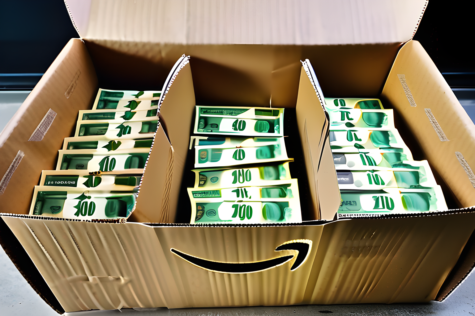 An amazon package filled with money.