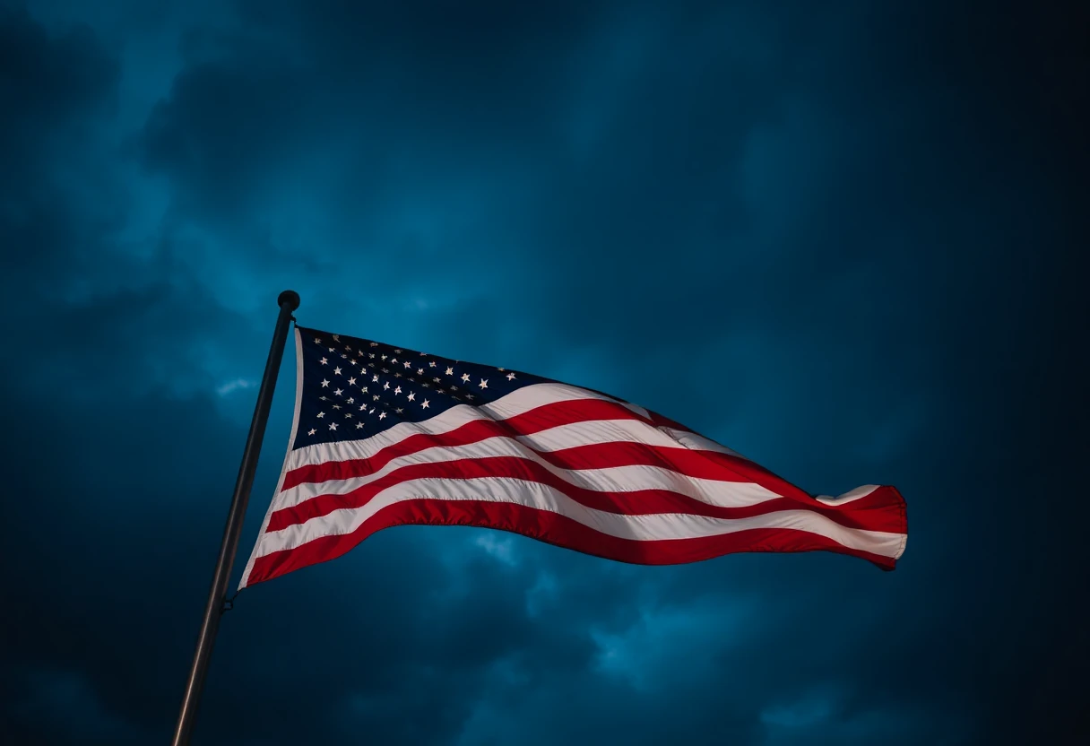 an american flag waving under a stormy night