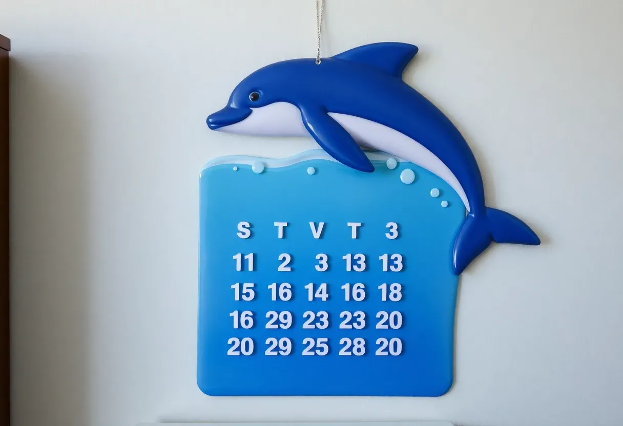 an animated dolphin-themed calender on a wall