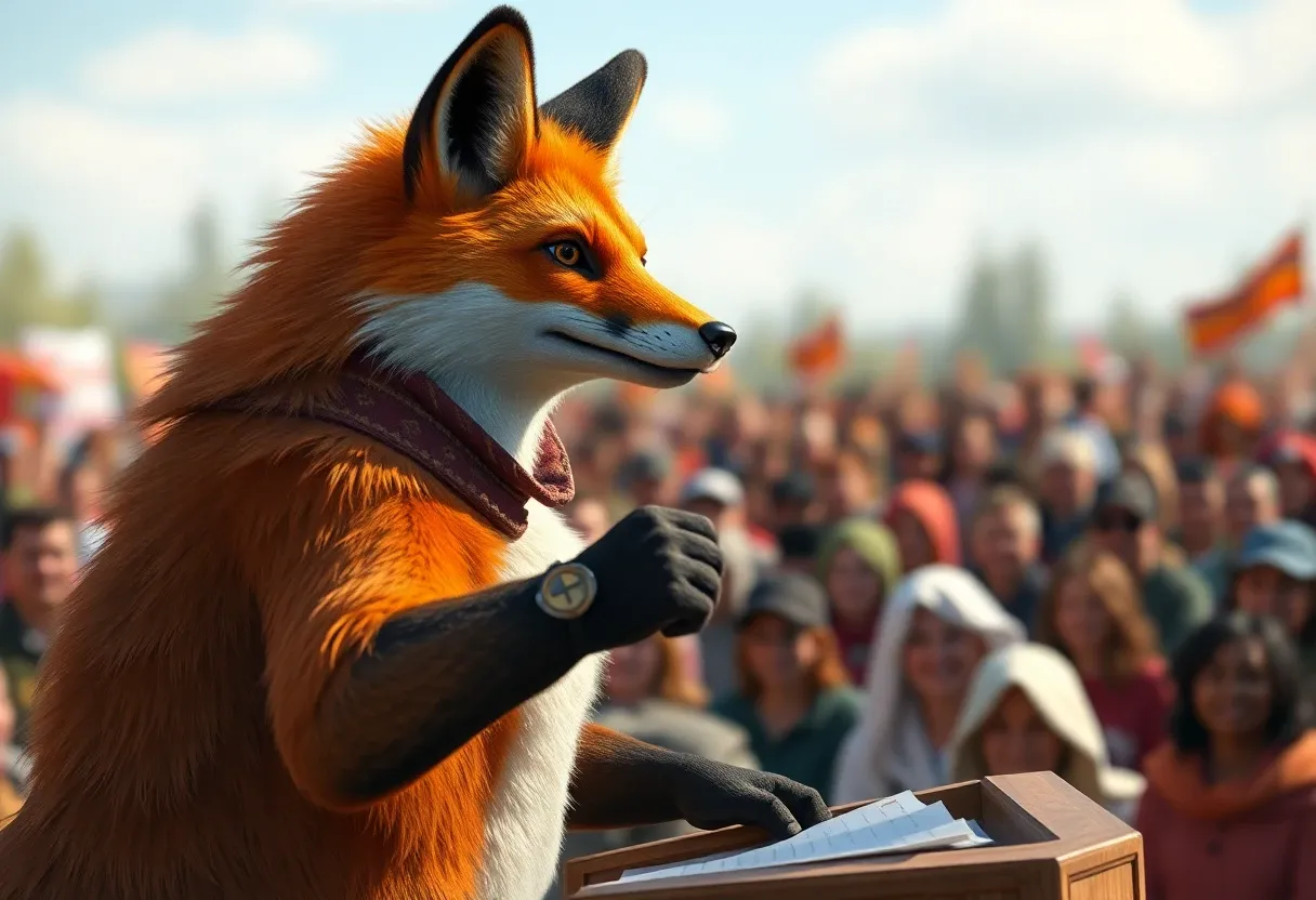 an anthrompomorphic fox giving a speech to a crowd