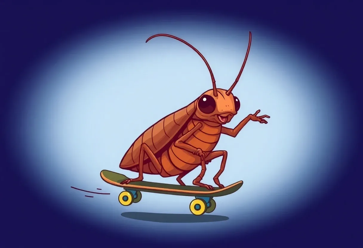 an anthropomorphic cockroach riding a skateboard cartoonish