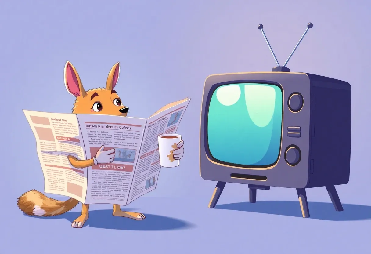 an anthropomorphic newspaper and a tv sharing a cup of coffee animated