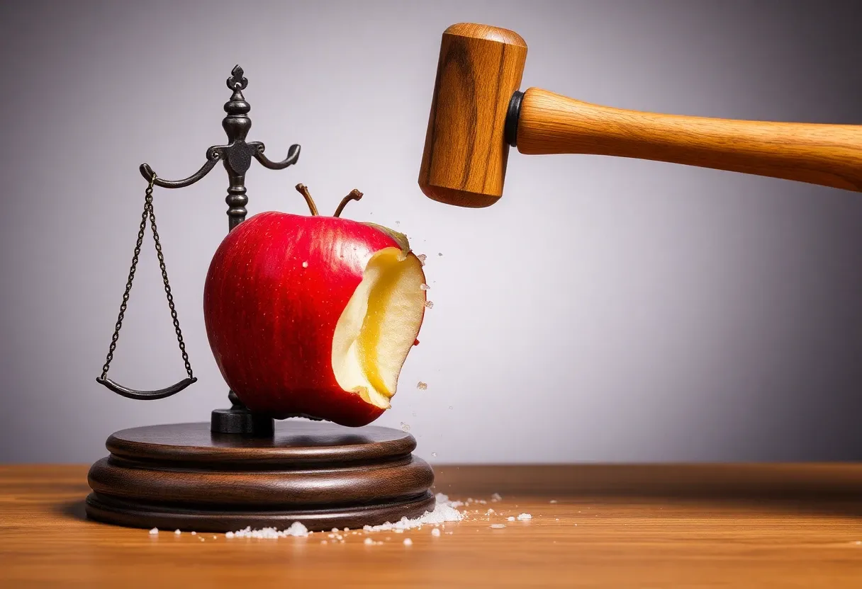 an apple being smashed by a judge's hammer