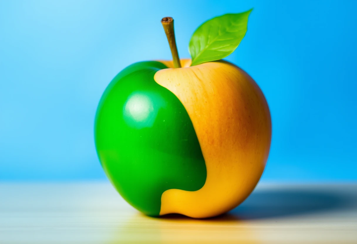 an apple mixed with green and blue