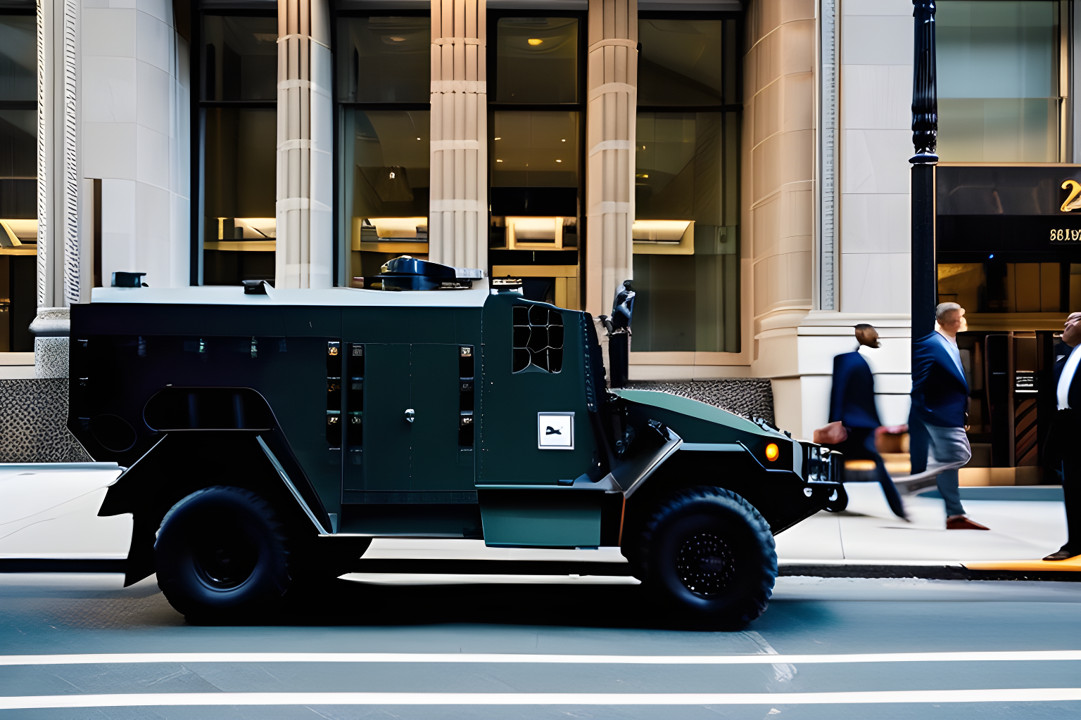 an armored vehicle parked outside a bank in new york