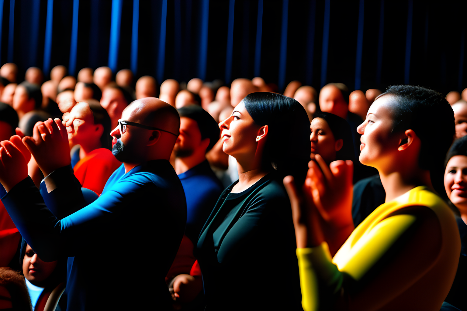 an audience in front of a podium clapping
