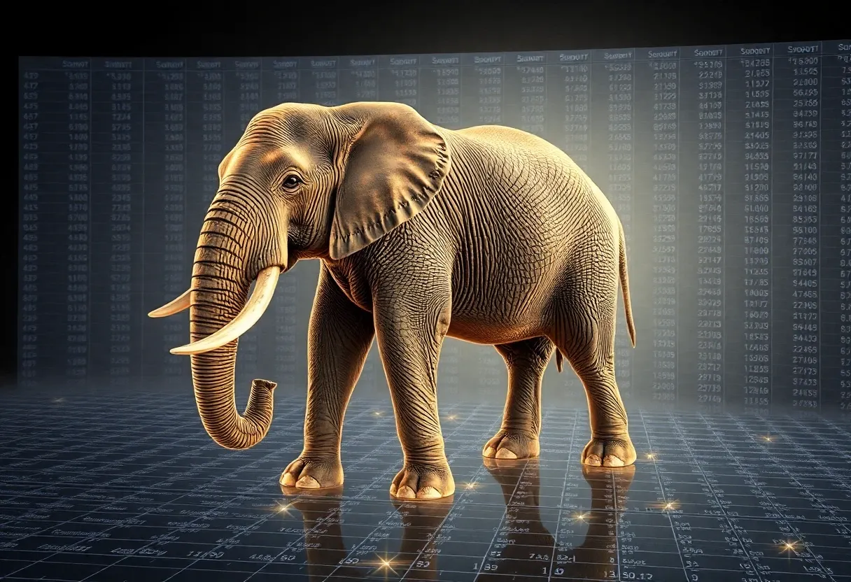 An elephant standing on a holographic representation of a spreadsheet