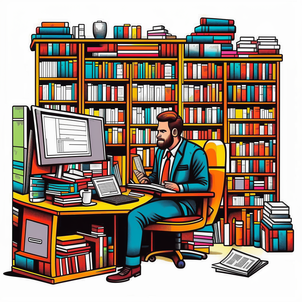 an entrepreneur surrounded by books and computers