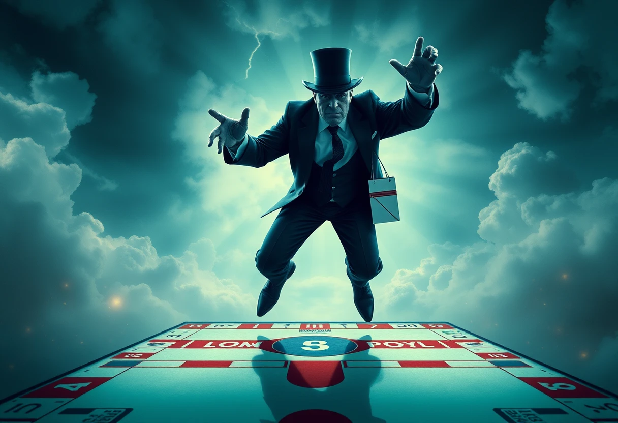 an evil businessman hovering over a monopoly board