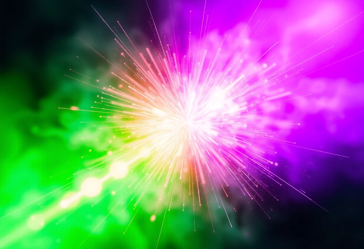 an explosion of energy with green light on the left side and purple light on the right side big and colorful