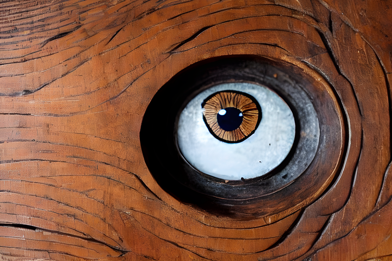 an eye symbol carved into a wooden desk