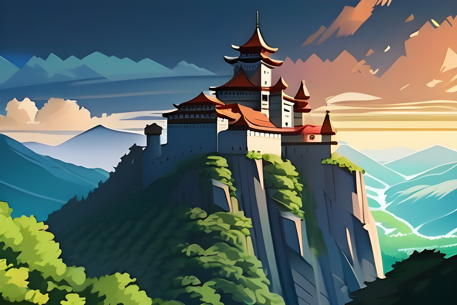 An impregnable fortress in mountains for ultimate safety in anime style