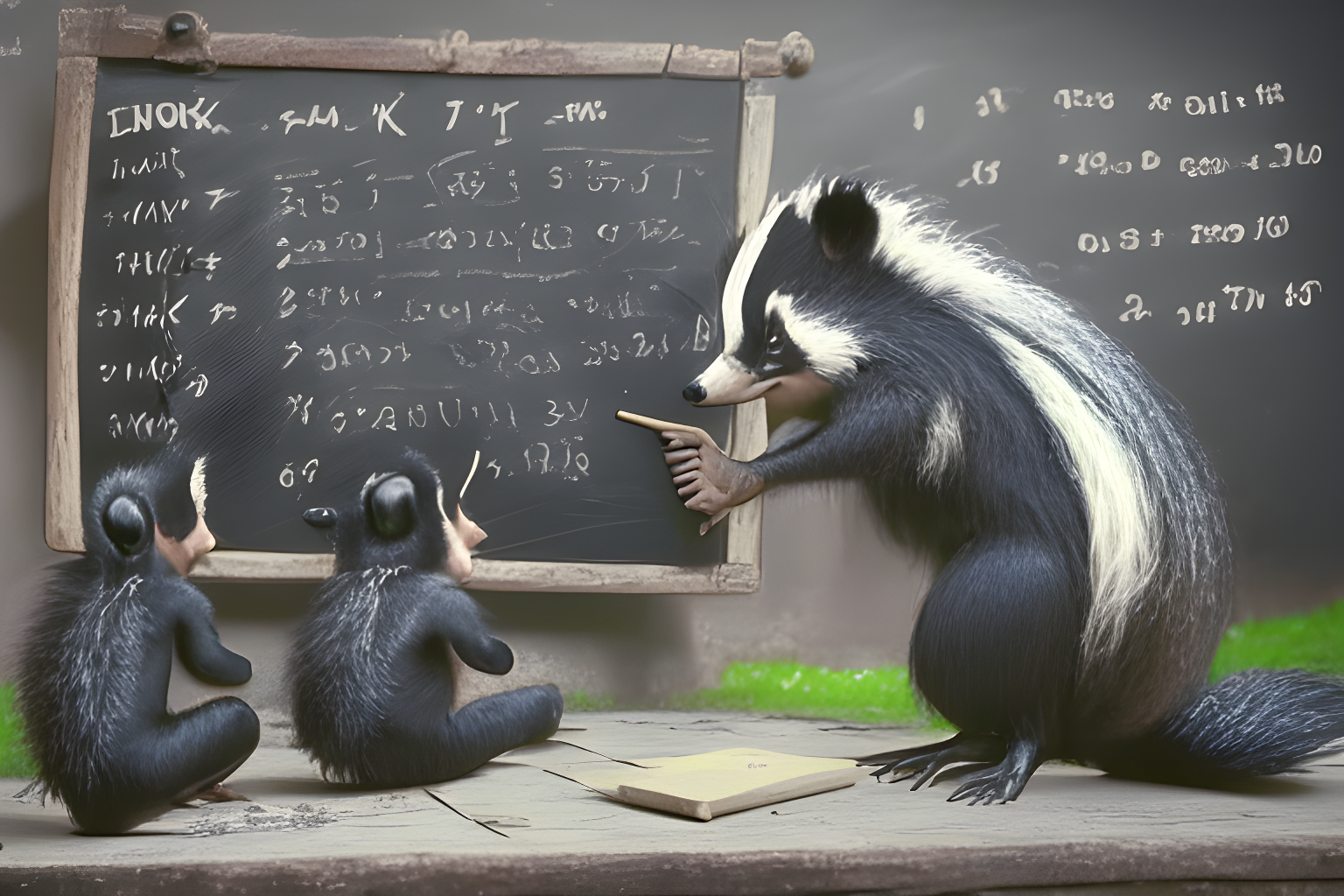 an old skunk teaching programming to many younger skunks in a blackboard on a school, 4k