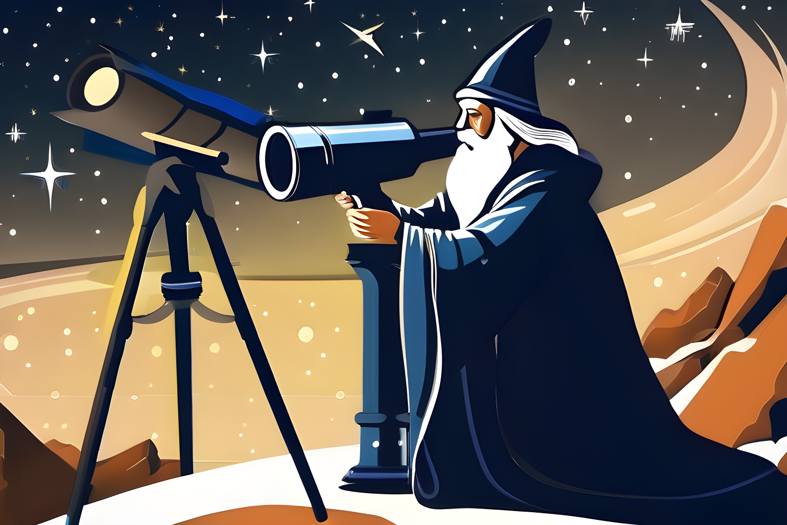An old wizard looking into a telescope towards the stars