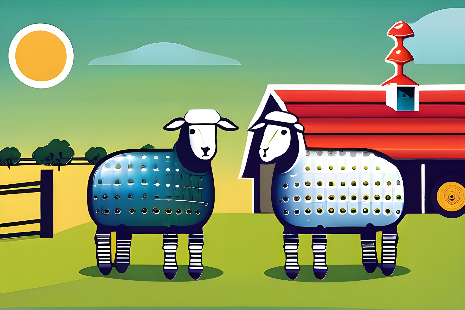 android robots, on a farm, with robot sheeps