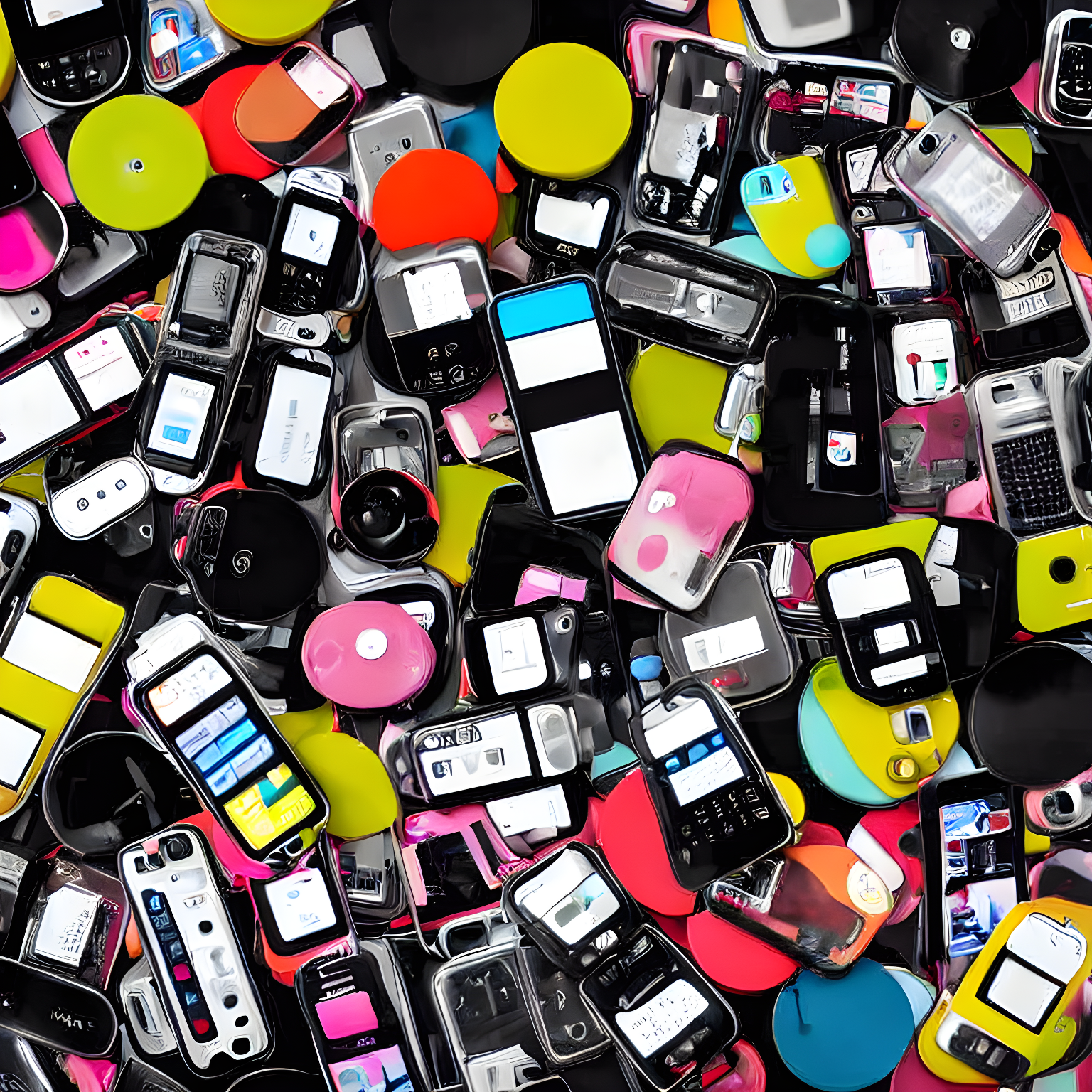 andy warhol style, stacks of cellphones, tweeting, thumbsticks on cellphone