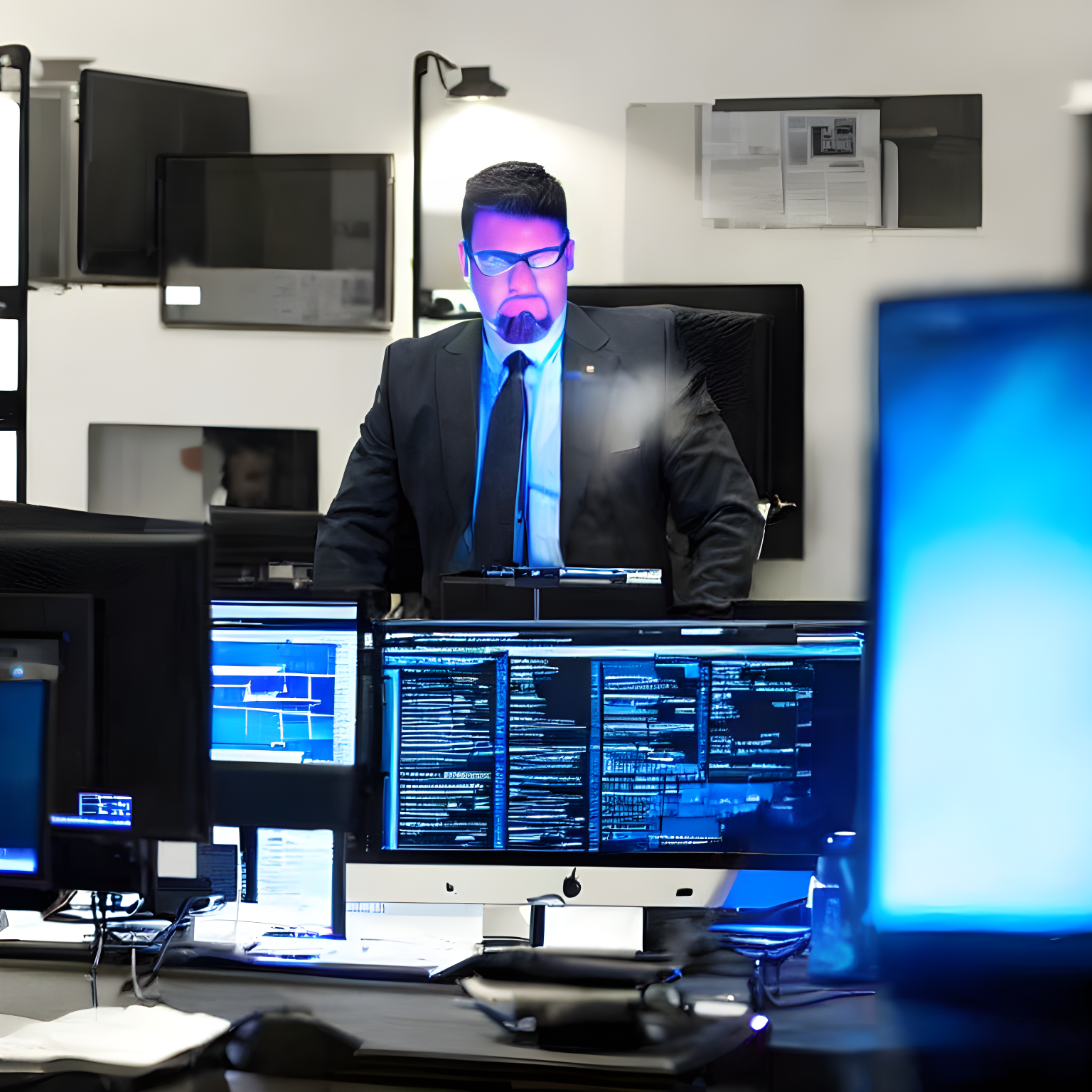 Application Security Posture Management, A hacker in a dark room surrounded by glowing monitors, typing furiously on a keyboard, with a look of determination on their face. The room is dimly lit, with the only light coming from the monitors. The hacker's face is partially illuminated by the blue lig