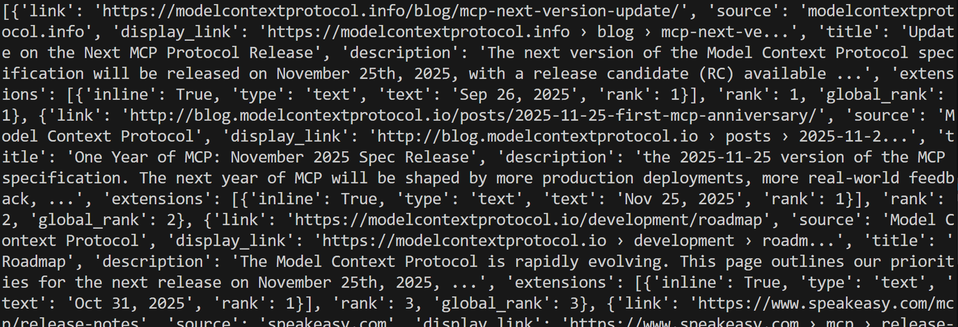 The parsed results returned by the SERP API