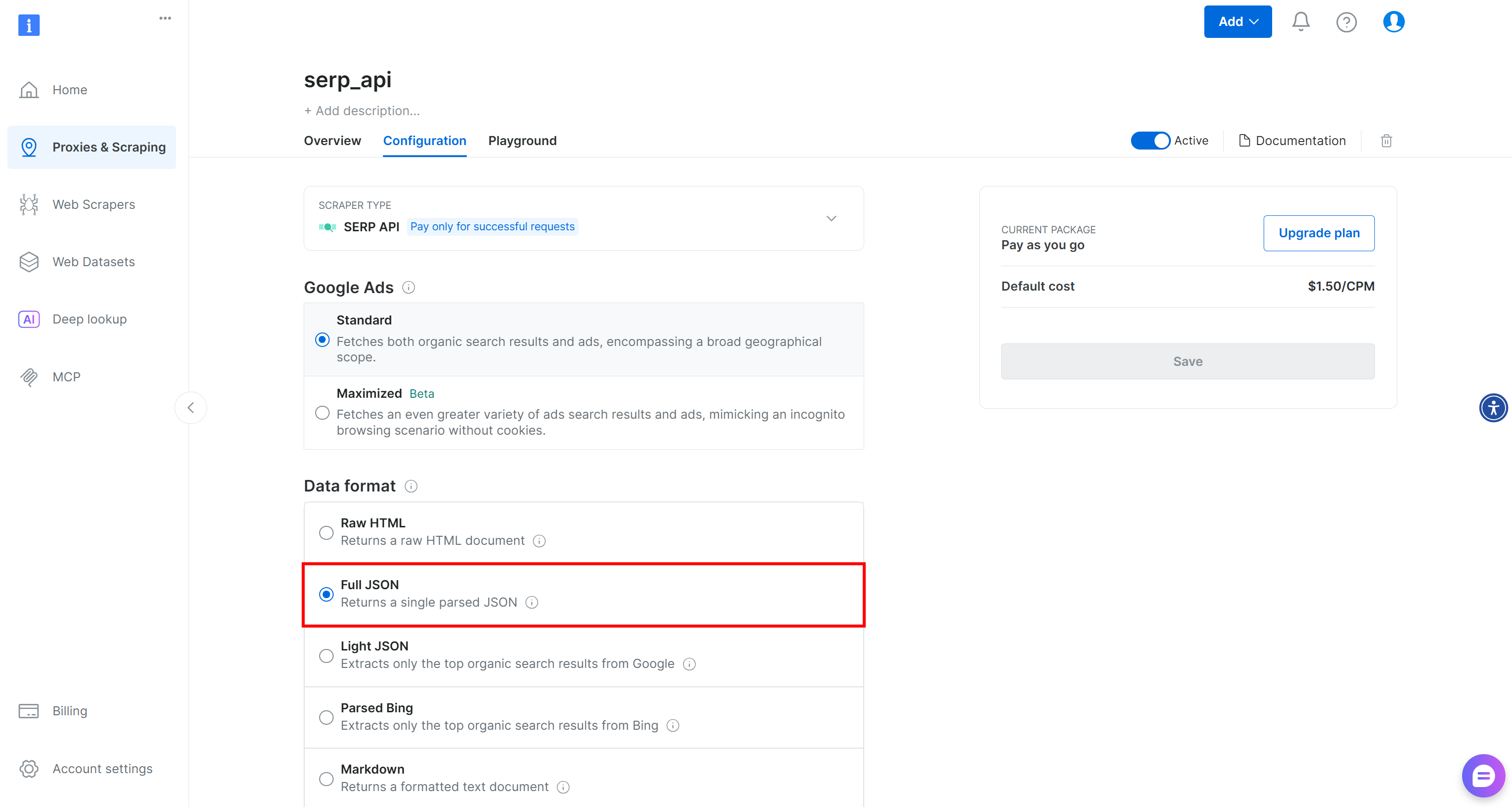 Selecting the “Full JSON” option