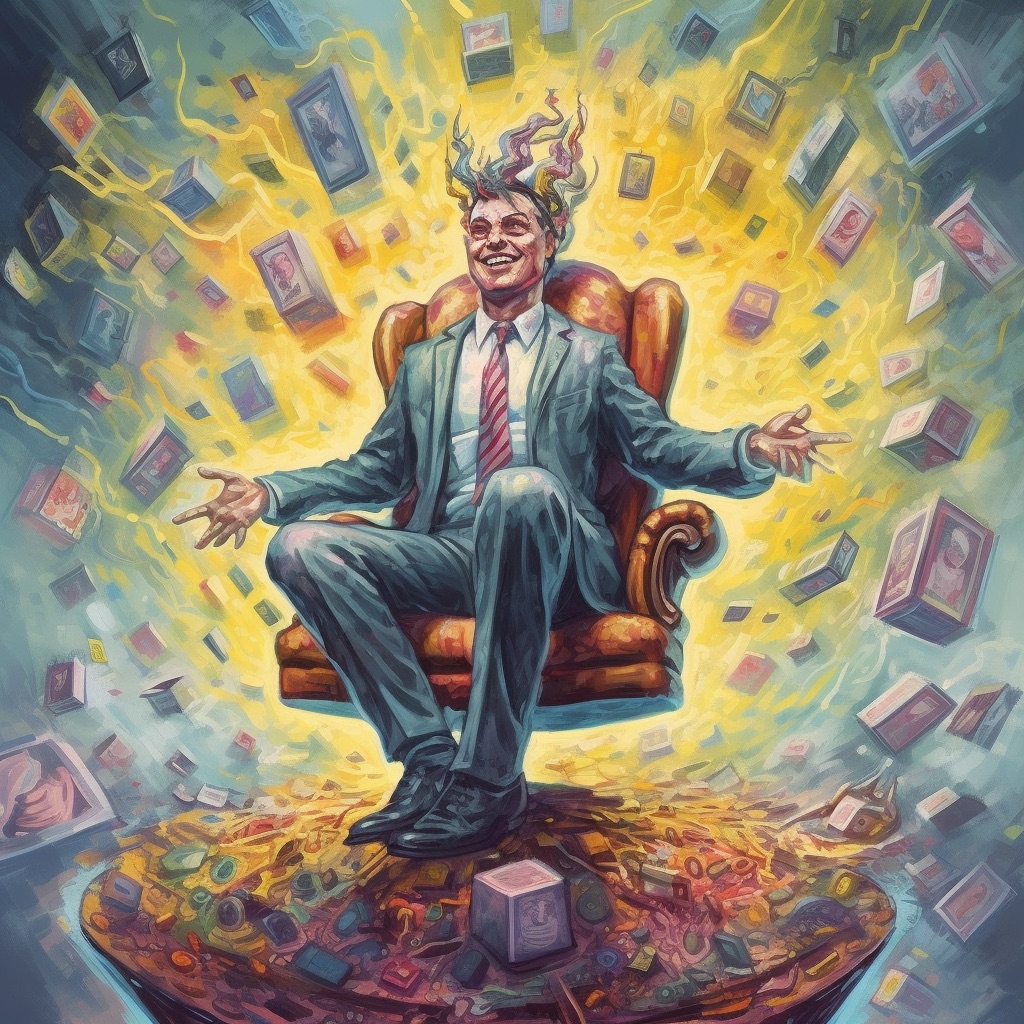Midjourney v5 “painterly illustration of a joyous businessman on a throne buoyed by colorful giant floating cybernetic brains”
