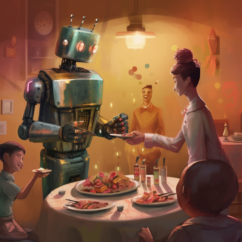Midjourney v5 “painterly illustration of a robot serving appetizers to two partygoers”