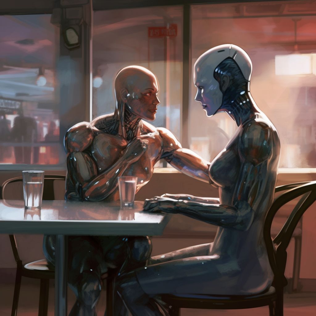 Midjourney v5: "medium shot painterly illustration of a cybernetic man and a cybernetic woman on a date at a cafe"