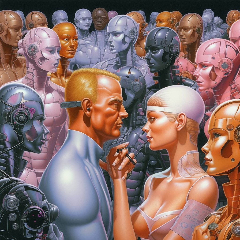 Midjourney v5: "painterly illustration of exact replicas of dozens of different cybernetic couples having arguments"