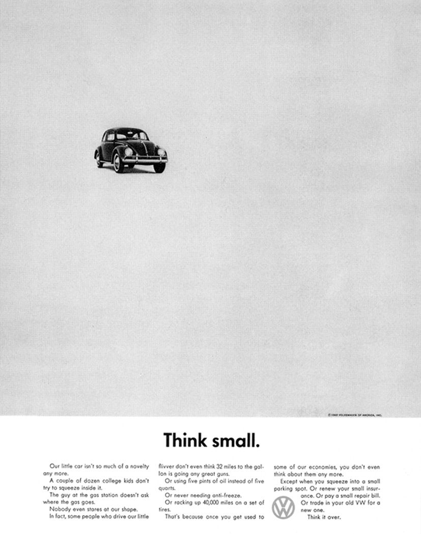 Volkswagen Think Small advertisement — a tiny Beetle on a mostly white page