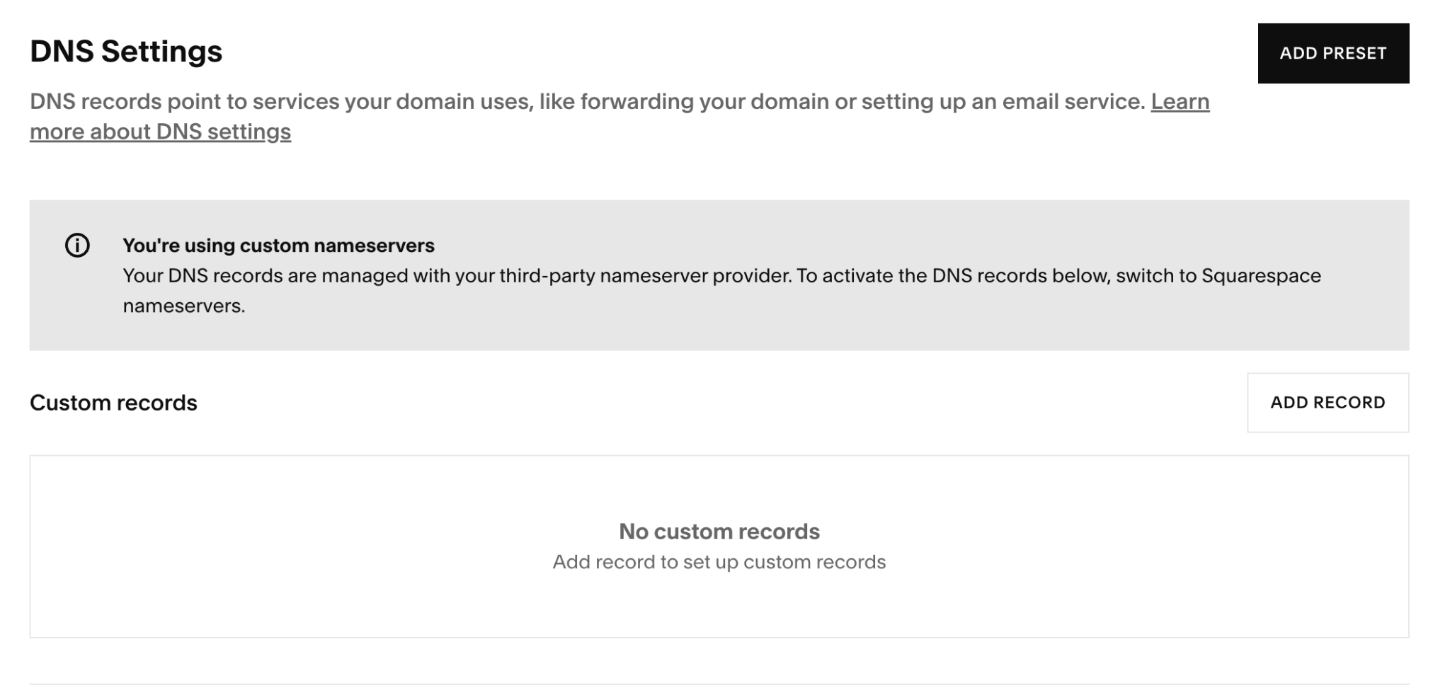 Clear DNS records on Squarespace