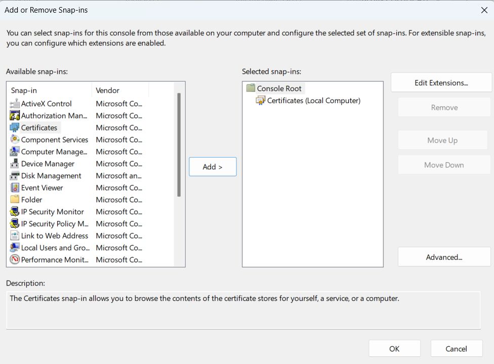 Certificates snap-in