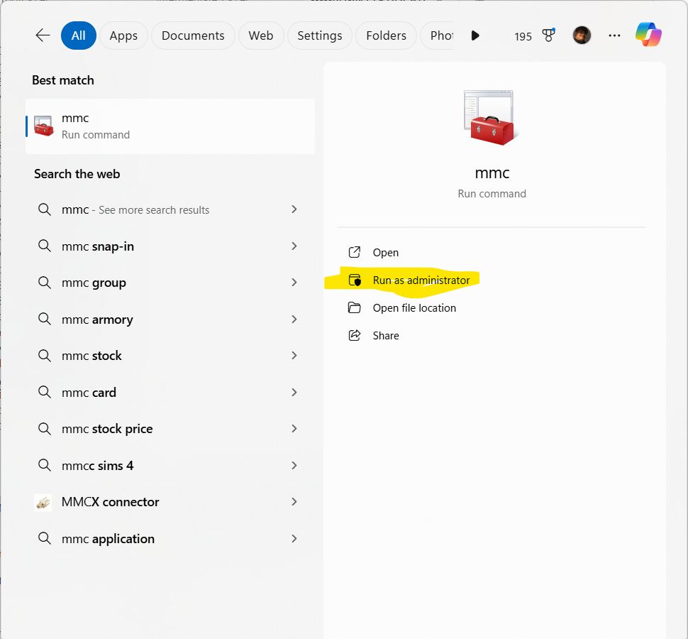 mmc on Windows OS