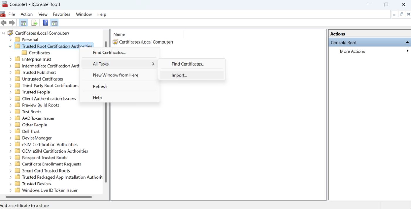 Import rootCA to Windows OS mmc console