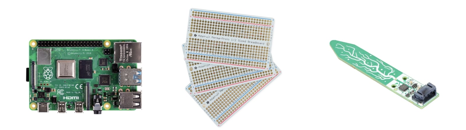 The Raspberry Pi, breadboard, and a soil moisture sensor used for my project.