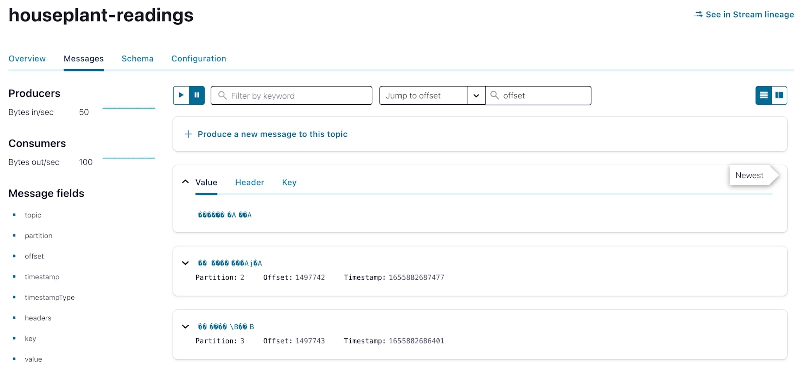 Houseplant readings events flowing through a Kafka topic as seen by the Confluent Cloud UI.