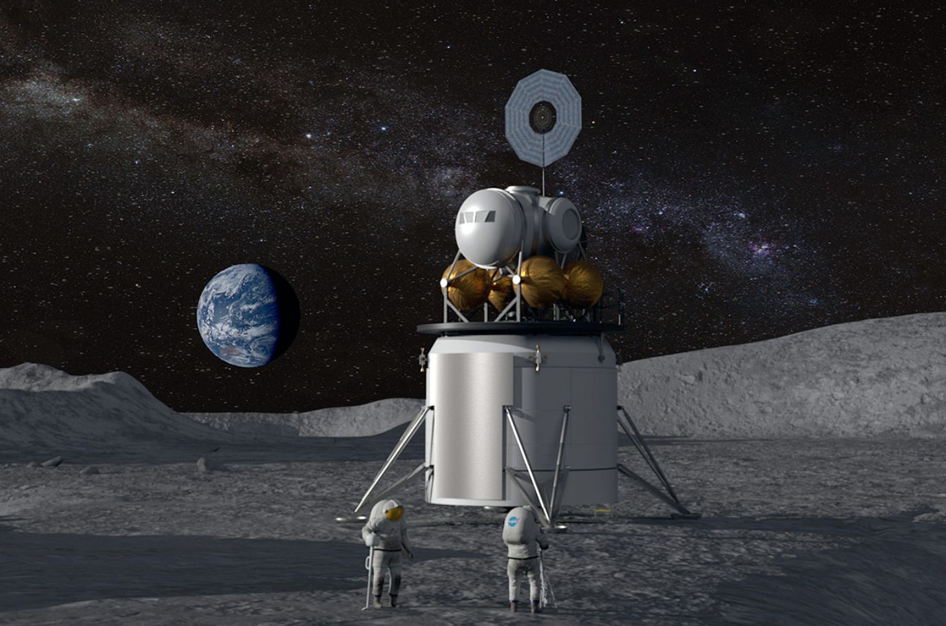 Concept render of a crewed rover and lander on the lunar surface under NASA’s Artemis program.