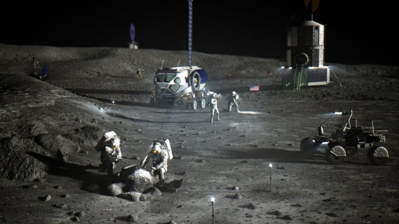 NASA’s Artemis Base Camp concept, showing a small habitat and rover at the Moon’s south pole.