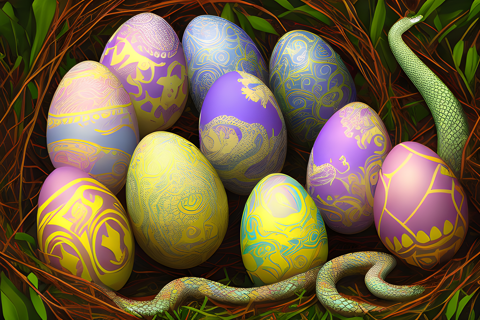 Beautiful and mysterious easter eggs with Monty Python and a snake in the background, digital art