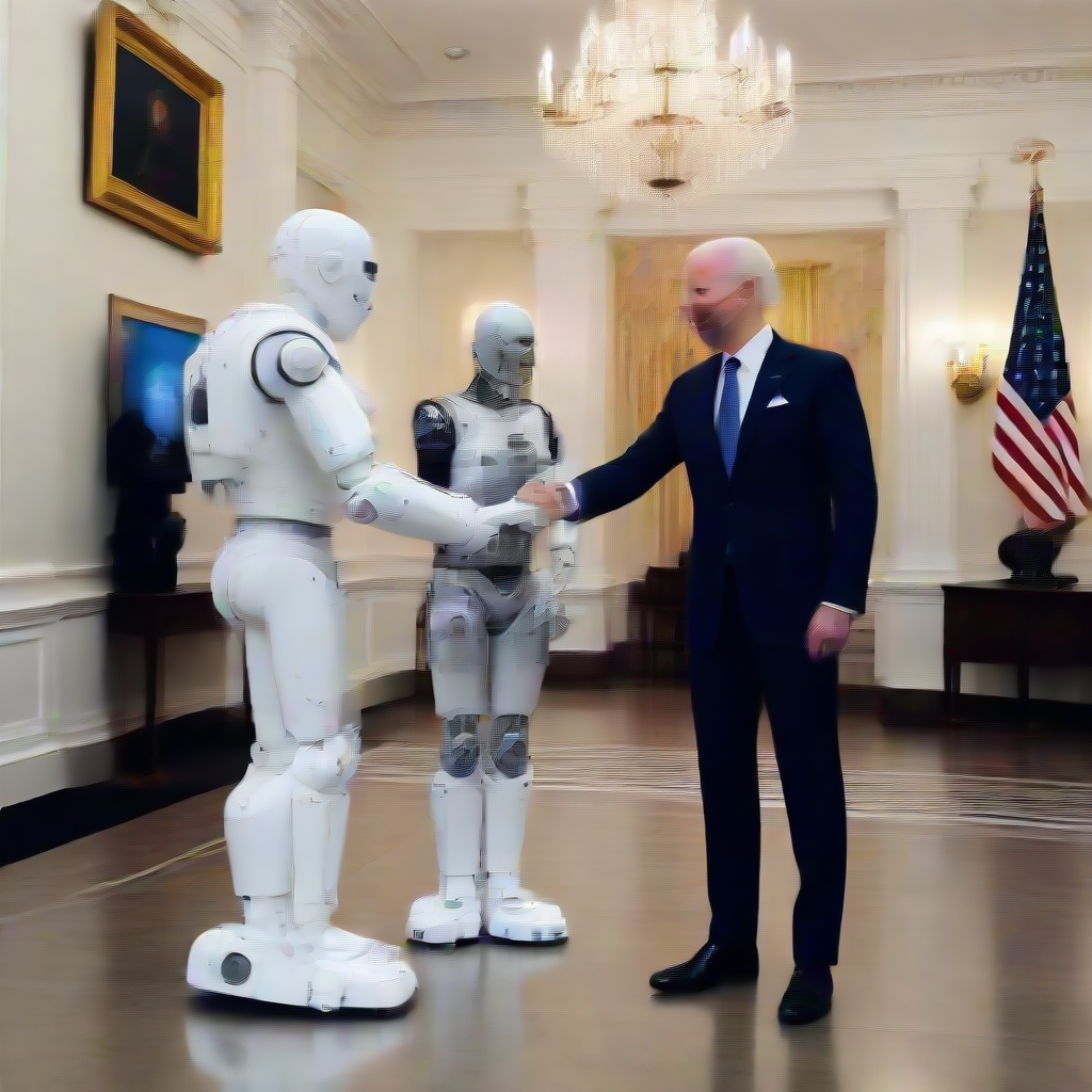 Biden shaking a robot's hands in the presence of white house staff