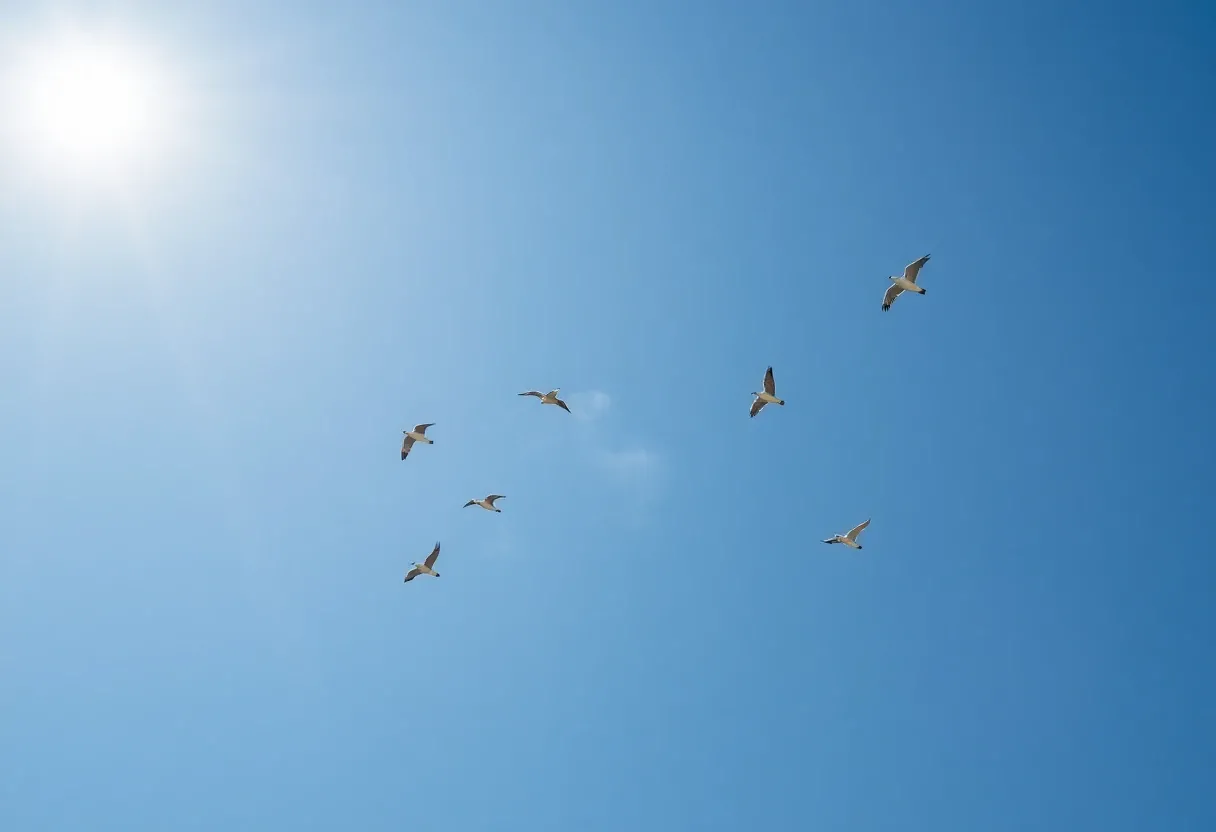 birds flying in a sunny sky