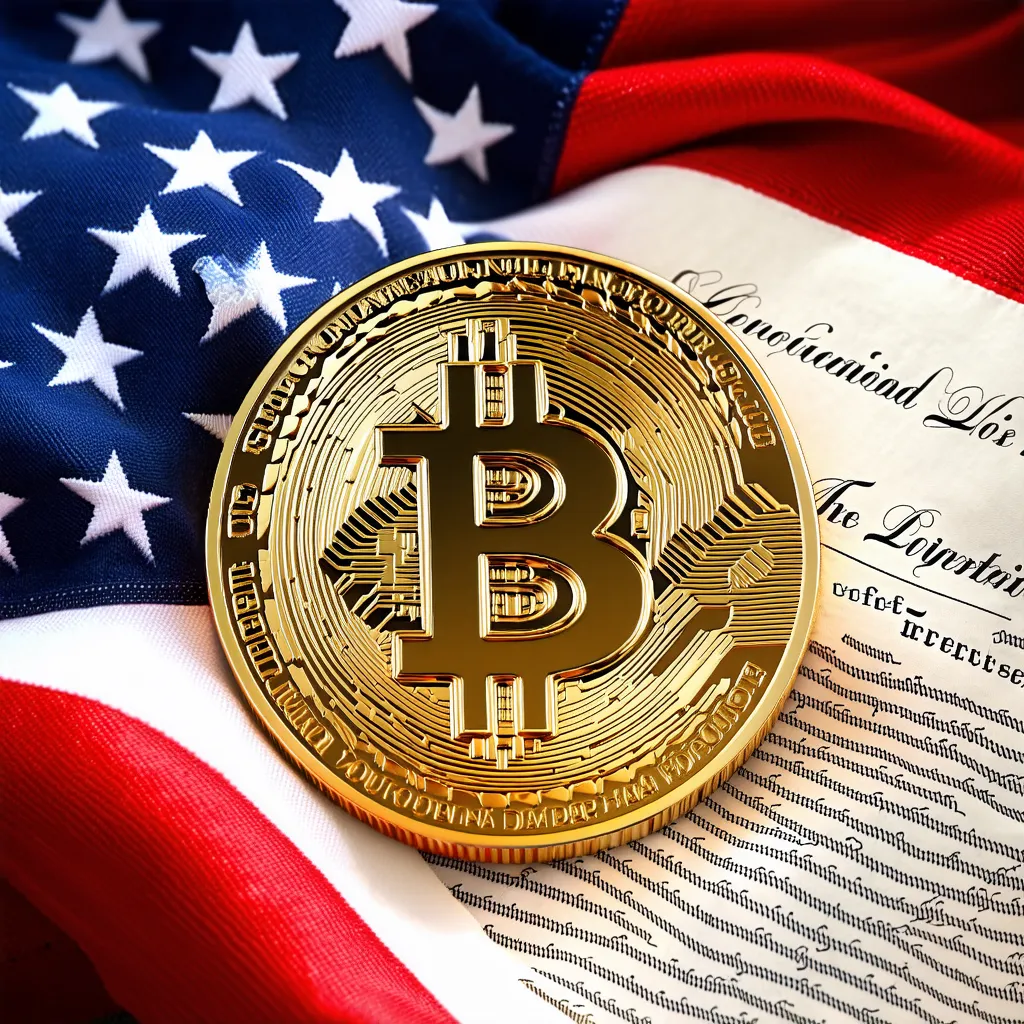 Bitcoin And US Flag With Constitution
