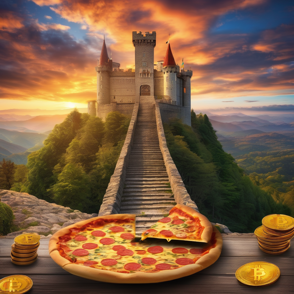 bitcoin as king of the castle with SATS (1000SATS) serving pizza