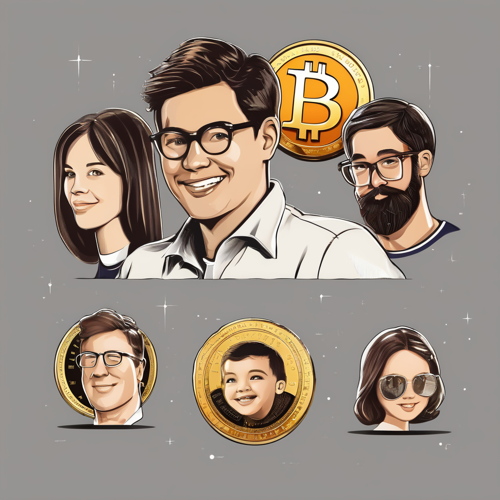 bitcoin coin and 5 characters: a child, teen , young, adult, old