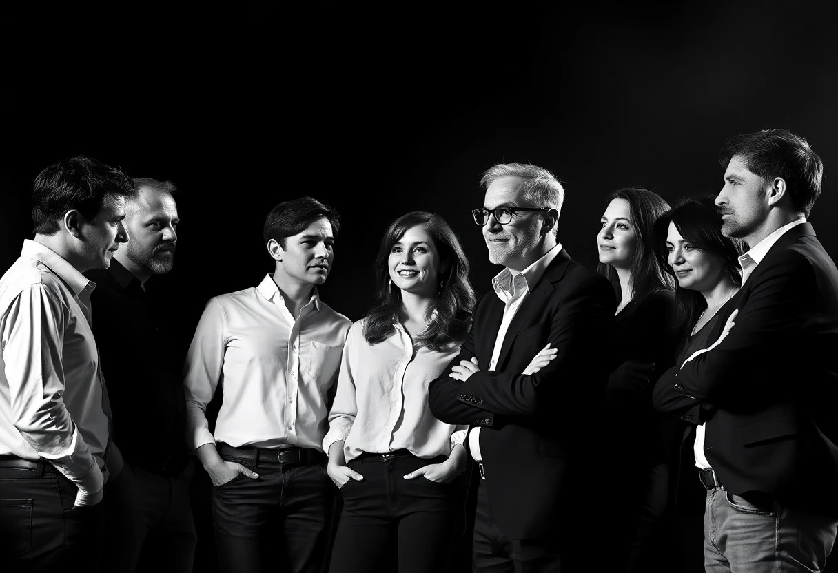 black and white. abstract style. founders of companies, both male and female, a group of 10, dramatic background. don't look at the screen. interacting with each other