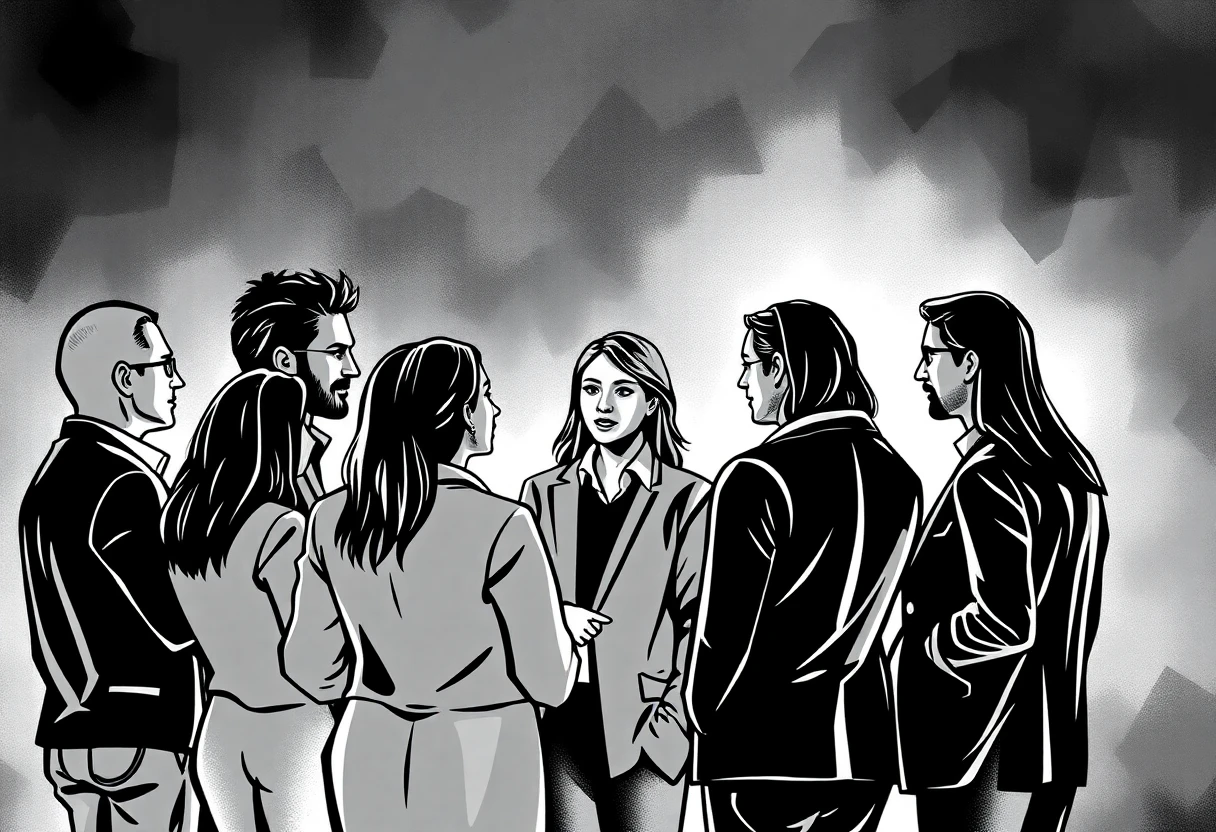 black and white. abstract style. founders of companies, both male and female, a group of 10, dramatic background. don't look at the screen. interacting with each other