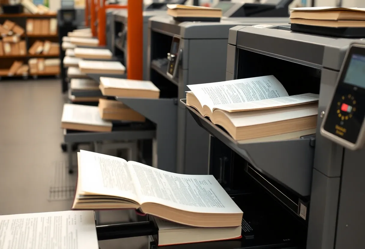 books on an assembly line being passed into a copy machine