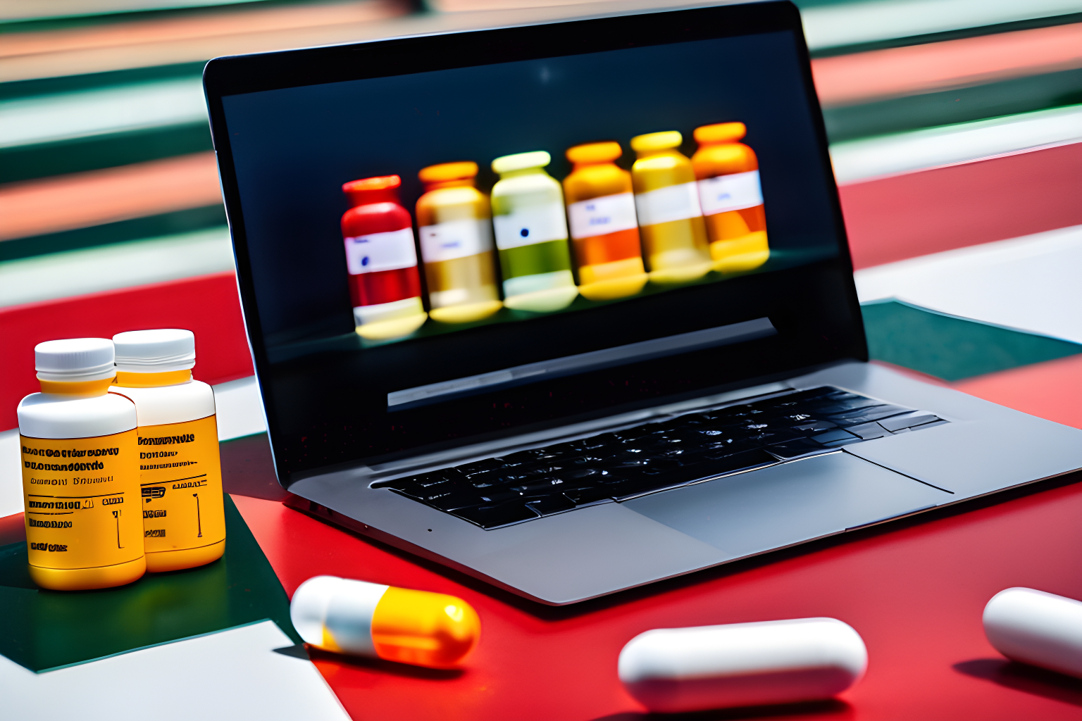 bottles of pills beside a laptop