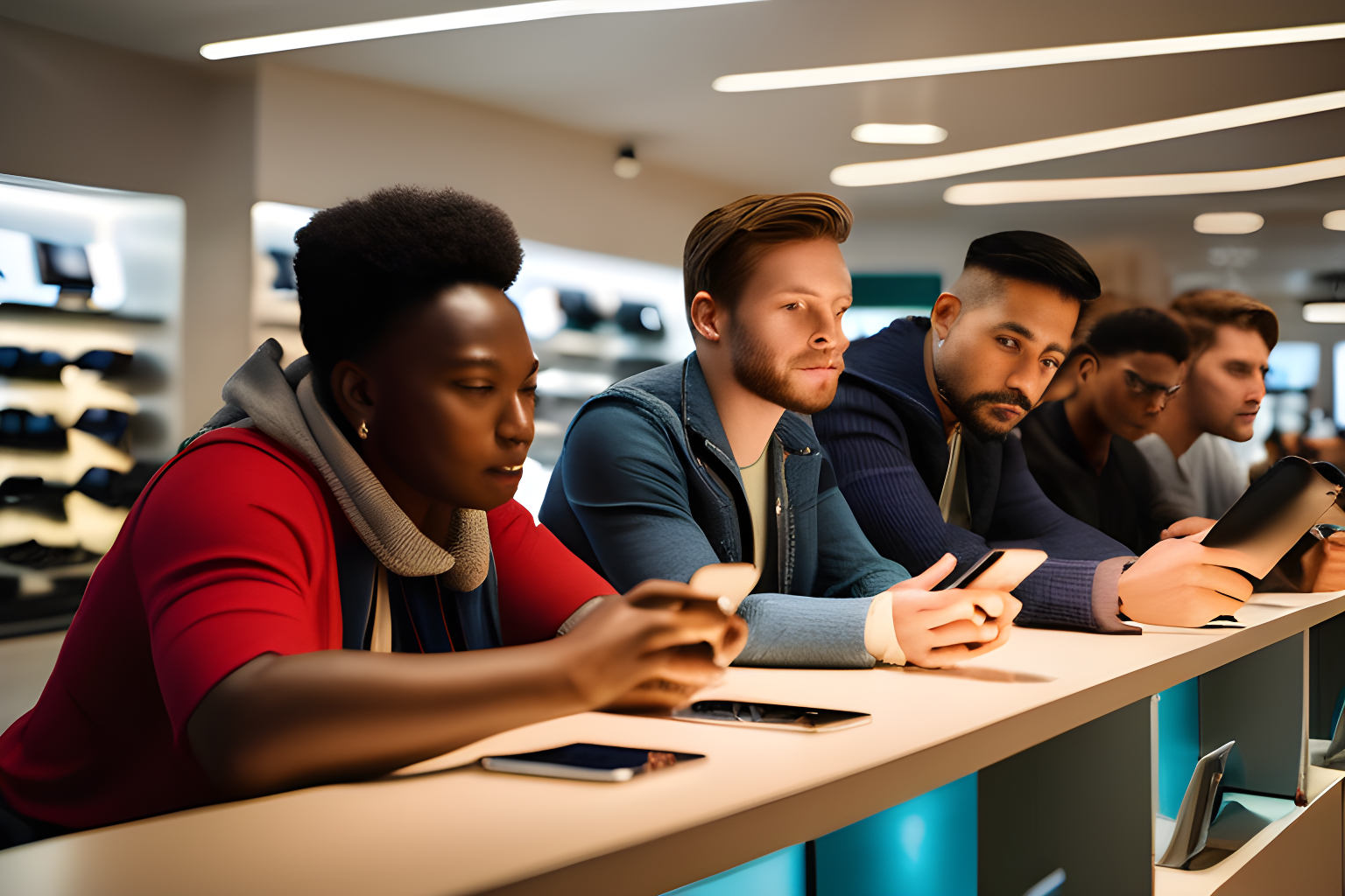 breathtaking photograph of a diverse group of people inside a phone shop