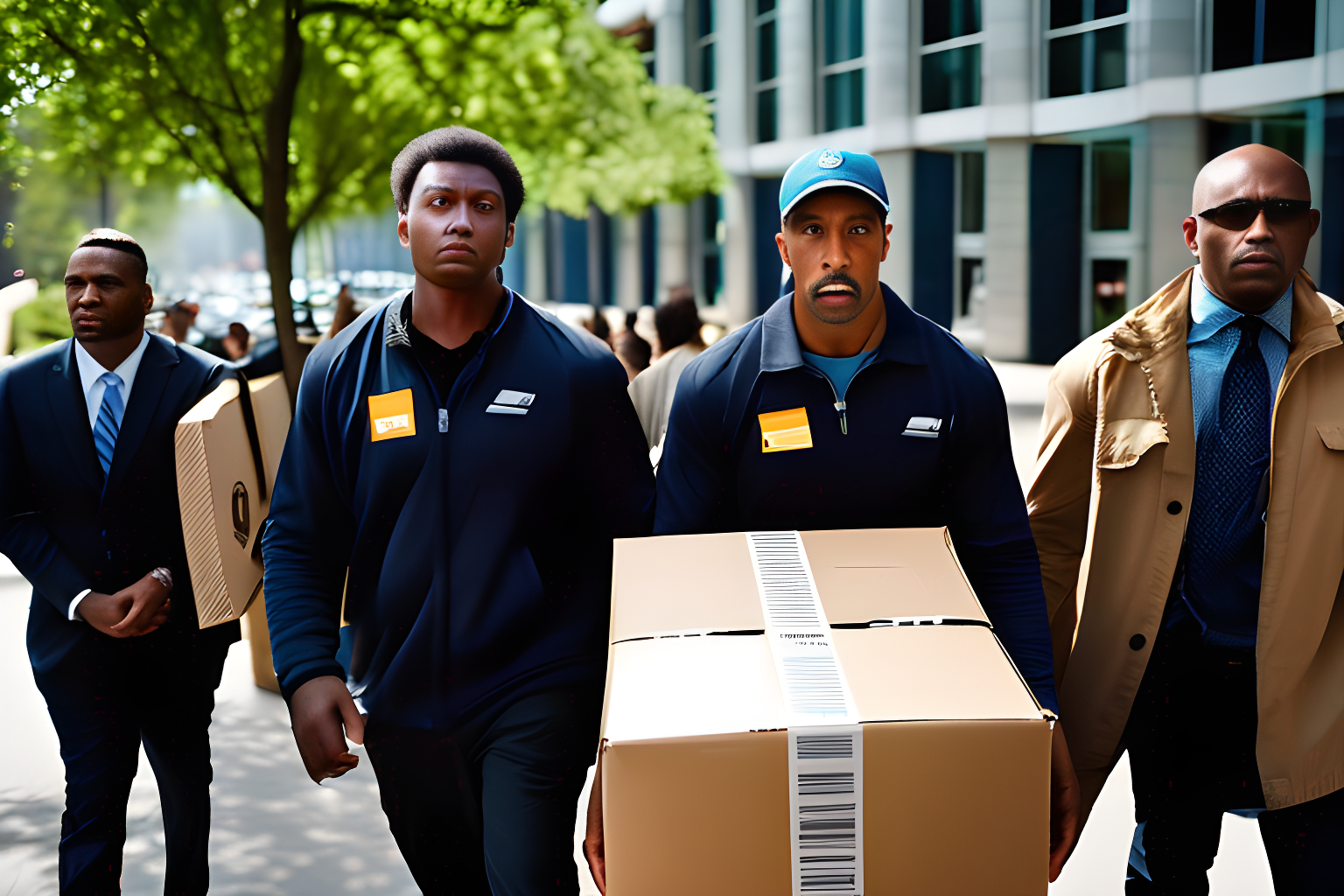 Breathtaking photograph of a group of unhappy people carrying an amazon package. award-winning, professional, highly detailed