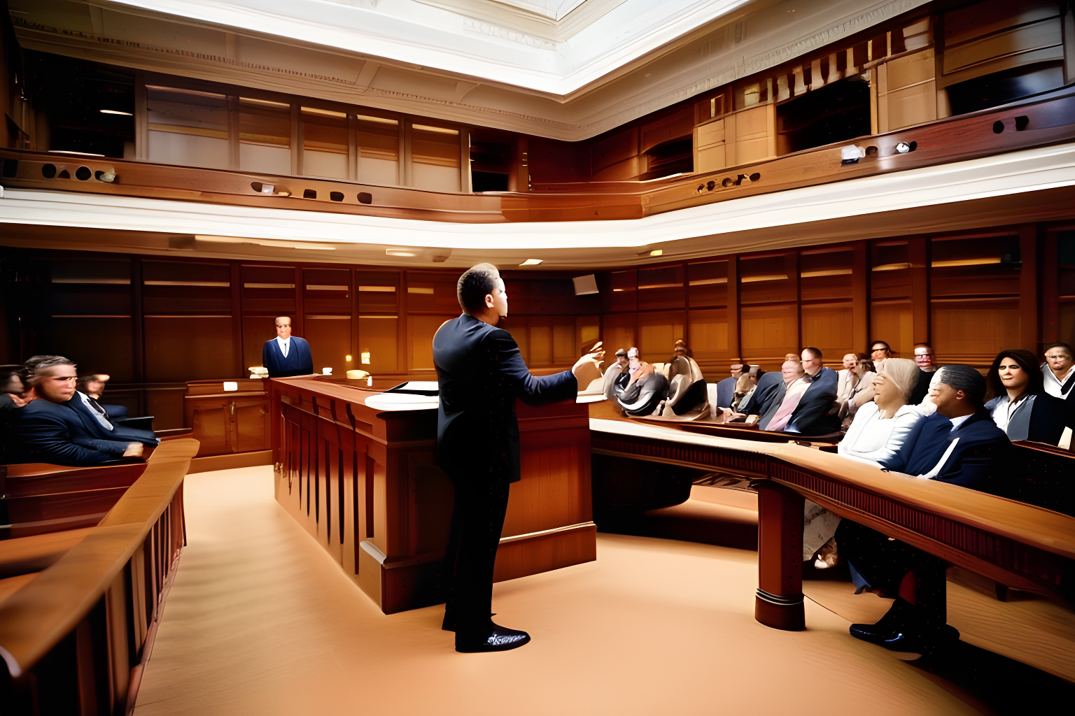 Breathtaking photograph of a lawyer arguing in court, a full courtroom in the background